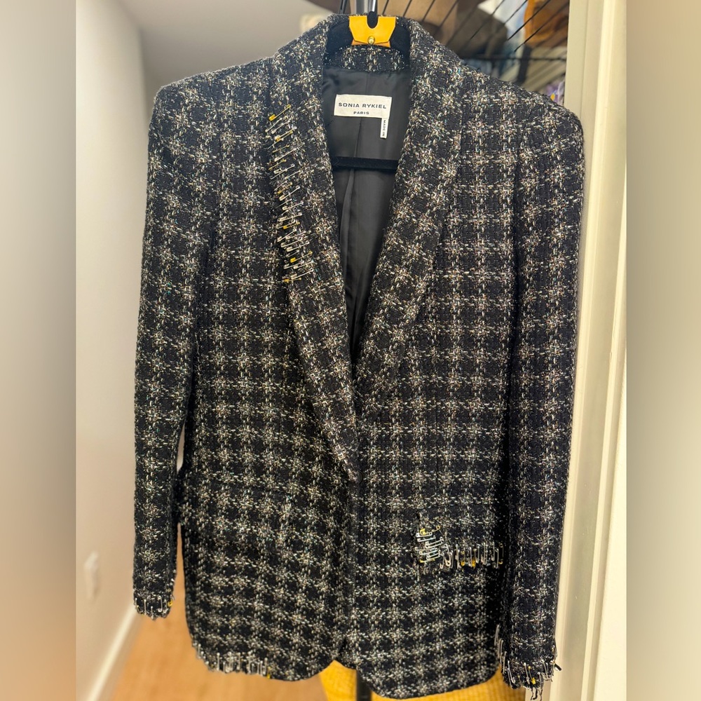 Sonia Rykeil Black & Brown Plaid Safety Pin Blazer ~Rare Collectible